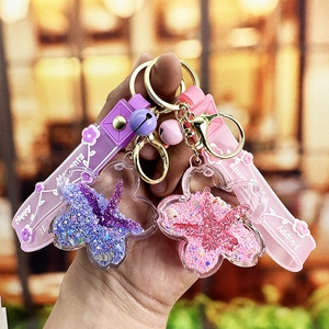 Cherry Blossom Starfish Quicksand Keychain Liquid Acrylic Pendant With Silicone Strap And Bell Cute Bag Charm For Women