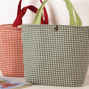 Checkered Cotton Canvas Tote Bag Gingham Handbag With Vintage Copper Button Japanese Style Casual Portable Lunch Bag