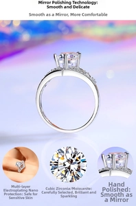 Close-up of crown-shaped silver ring with four-prong set moissanite and mirror polish