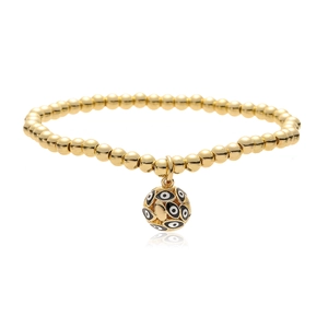 Minimalist gold beaded bracelet with a blue and black enamel evil eye charm pendant