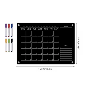 Detailed set of black acrylic magnetic weekly calendar board with 6 colored markers and parts