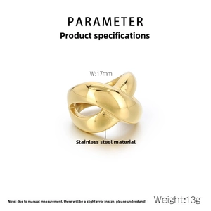 Macro detail of golden stainless steel wide ring with cross hollow design and dimensions