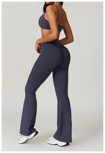 Side view of high-waisted flared yoga pants with push-up effect and matching sports bra