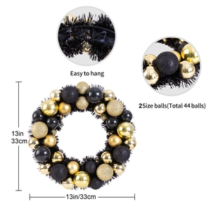 13-inch Black and gold Christmas wreath with 44 decorative balls and easy hang hook
