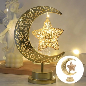 Golden moon and star LED decorative lamp with warm yellow light for bedroom ambiance