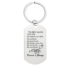 Silver stainless steel military tag keychain with romantic engraved message for couples