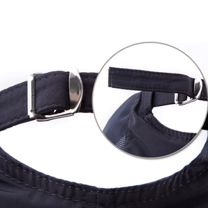 Detail of adjustable silver metal buckle and breathable mesh on black quick-dry baseball cap