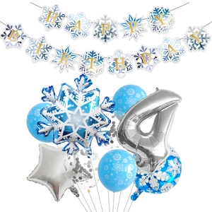 Snowflake theme party set with Happy Birthday banner, number 4 foil balloon and blue latex