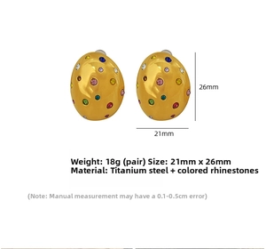 Detailed view of titanium steel oval earrings set with colorful sparkling rhinestones