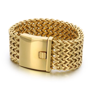 30mm wide men's gold mesh fish scale bracelet with polished square buckle closure