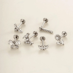Set of 6 stainless steel piercing studs with butterfly and flower zircon designs