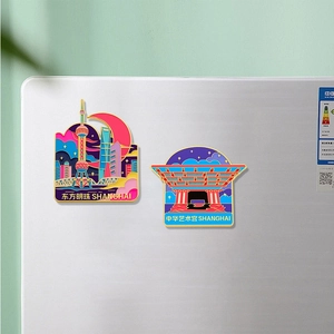 Macro detail of Shanghai landmarks magnets featuring Oriental Pearl and China Art Palace