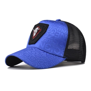 Détail de la casquette baseball en mesh bleu et noir avec emblème crâne et logo tissé
