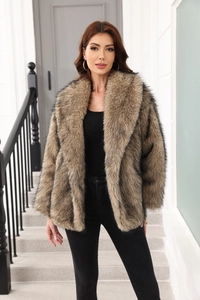 Detailed close-up of brown faux fur coat showing fluffy texture and black-tipped fibers