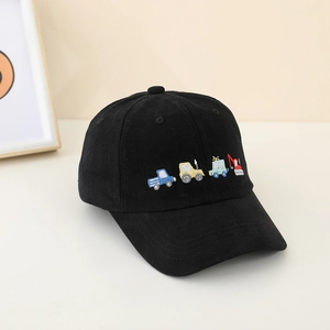 Kids black cotton baseball cap with colorful cartoon construction truck embroidery