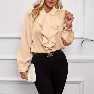 Elegante camicia in chiffon beige champagne con balze e maniche lunghe da donna
