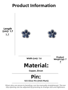 Detailed size specifications of blue zircon flower earrings with S925 silver needles
