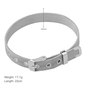 Macro view of 10mm wide silver stainless steel mesh bracelet showing dimensions and weight