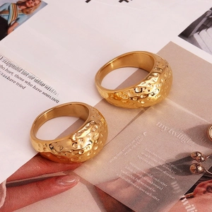 18K gold plated stainless steel open ring with textured lunar hammer pattern surface