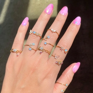 Blue flower butterfly gold rings set with synthetic opal and crystal for women