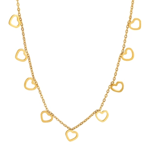 Detail of gold-plated choker necklace featuring nine hollow heart-shaped charms on a fine chain