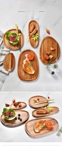 Detailed close-up of various irregular wooden serving platters on white marble