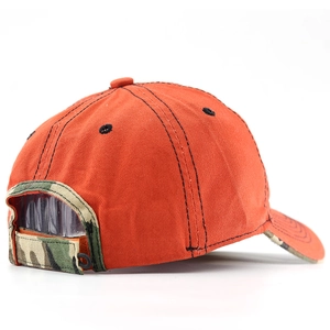 Orange baseball cap with camo pattern back and adjustable strap for outdoor sun protection