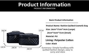 Detailed size specifications for large and small black quilted PU leather makeup bags