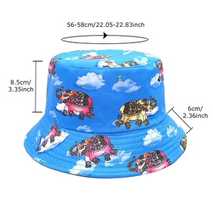 Blue bucket hat with elephant and cloud patterns showing size dimensions and fit