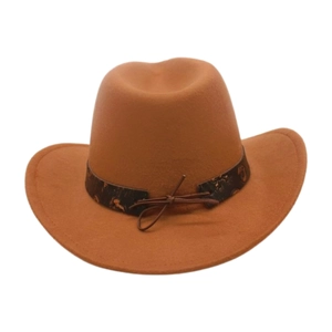 Detail of children's western cowboy hat in brown felt with a patterned headband