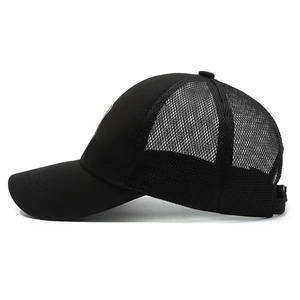 Black mesh trucker baseball cap with curved brim and breathable net back for outdoors
