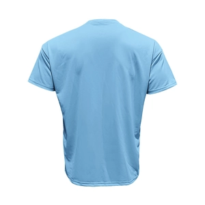 Back view of light blue men's loose-fit summer T-shirt with fine knitted texture