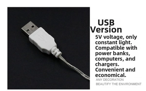 Close-up of 5V USB power connector for LED string lights featuring steady on mode