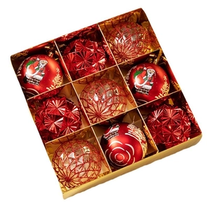 9-piece set of 8cm red and clear Christmas balls with glitter in a gold gift box