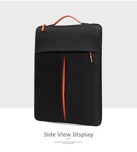 Sleek business laptop sleeve with orange handles and side view detail for storage