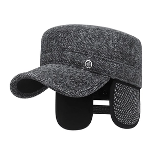 Winter men flat top thermal cap with ear flaps in dark grey textured wool fabric