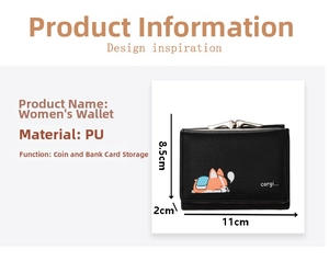 Detail showing dimensions of women's mini trifold wallet with cute corgi print