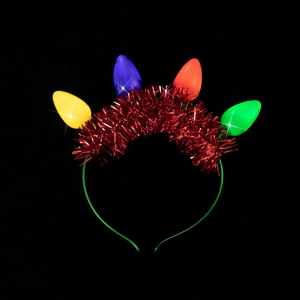 Detail of Christmas headband with shiny red tinsel and colorful glowing light bulbs