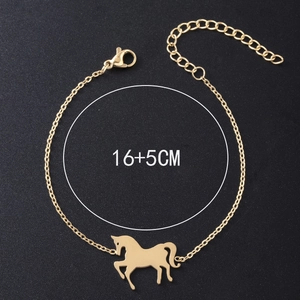Detail of adjustable gold horse pendant bracelet with lobster clasp and 16+5cm size label