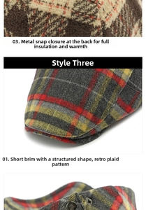 Close-up of retro plaid wool flat cap showing metal buckles and warm tweed texture