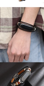 Close-up of black braided leather strap with retro metal frame for Xiaomi smart band