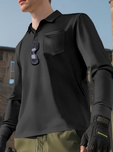 Close-up of black tactical long-sleeve polo shirt with breathable mesh and chest pocket