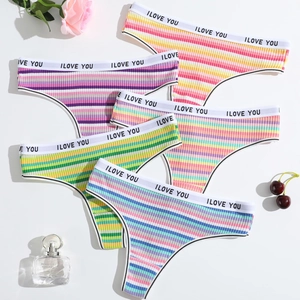 String Femme En Coton Nervuré Sous-vêtements Rayé Arc-en-ciel Taille Basse Culotte T-Back Respirante Avec Taille Imprimée Lettre