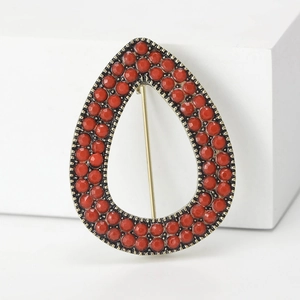 Turkish bronze waterdrop brooch with double rows of red beads in bohemian geometric style