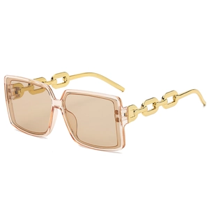 Chic oversized square sunglasses with transparent peach frames and gold chain temples