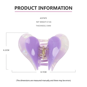 Detailed product information of purple acetate heart hair claw with size and weight specs