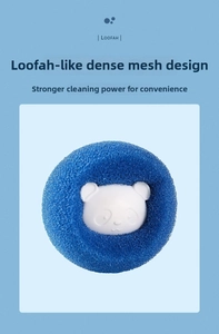Macro shot of high-density loofah texture mesh and cute panda on the laundry sponge
