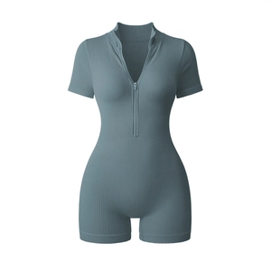 Detail of grey-blue seamless rib-knit bodysuit with half-zip neckline and short sleeves