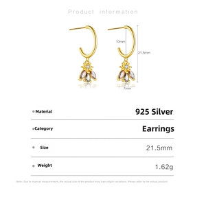 Detailed dimensions of S925 silver bee earrings with multi-colored zircon stones
