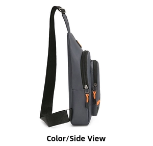 Side view of gray nylon chest bag with orange zipper pulls and multiple compartments